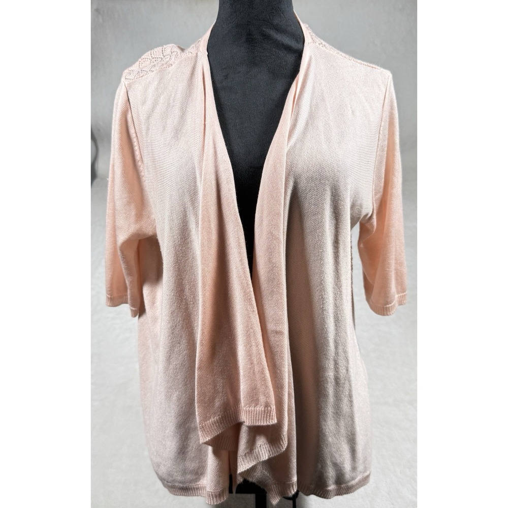 ELLE Large Short Sleeve Open Front Knit Cardigan Pink Open Knit Back Light